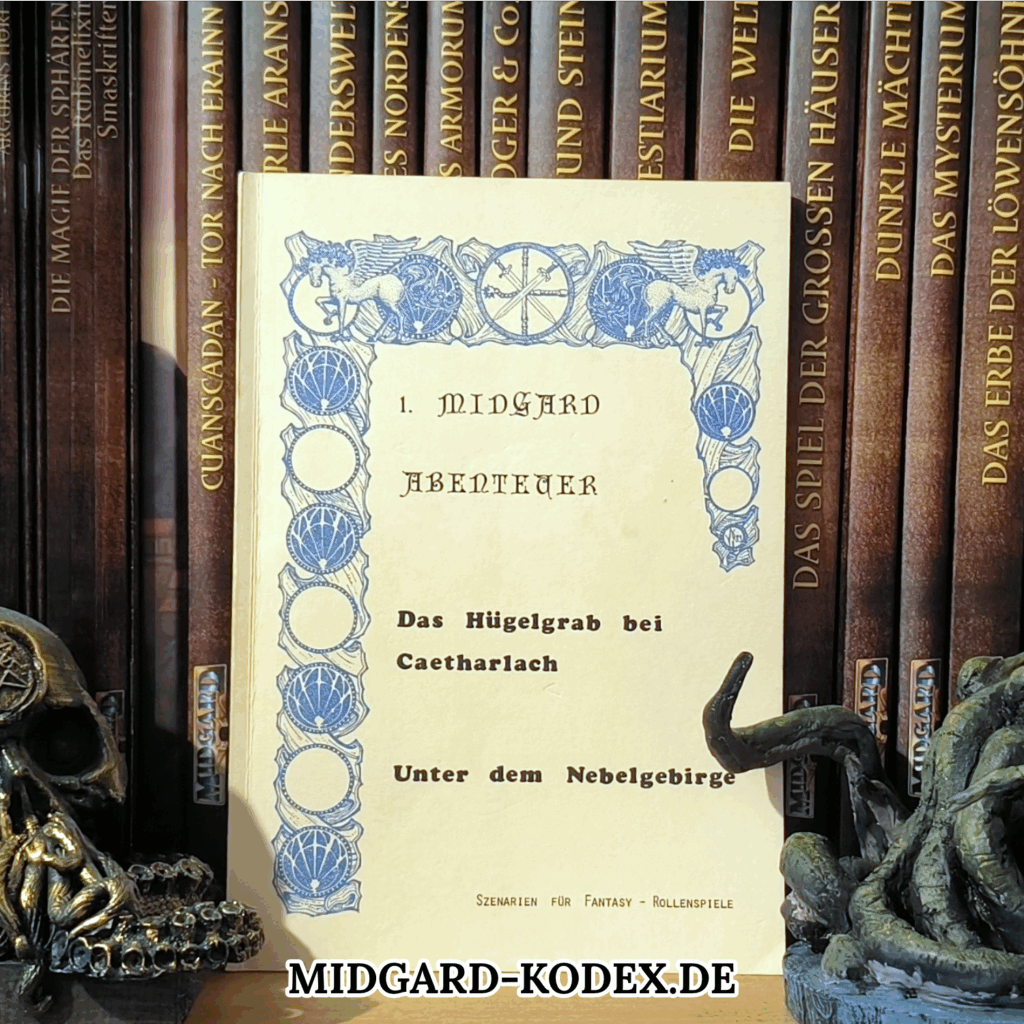 Das Buch "MIDGARD Abenteuer I" steht mit der Vorderseite vor einer Reihe Bücher.