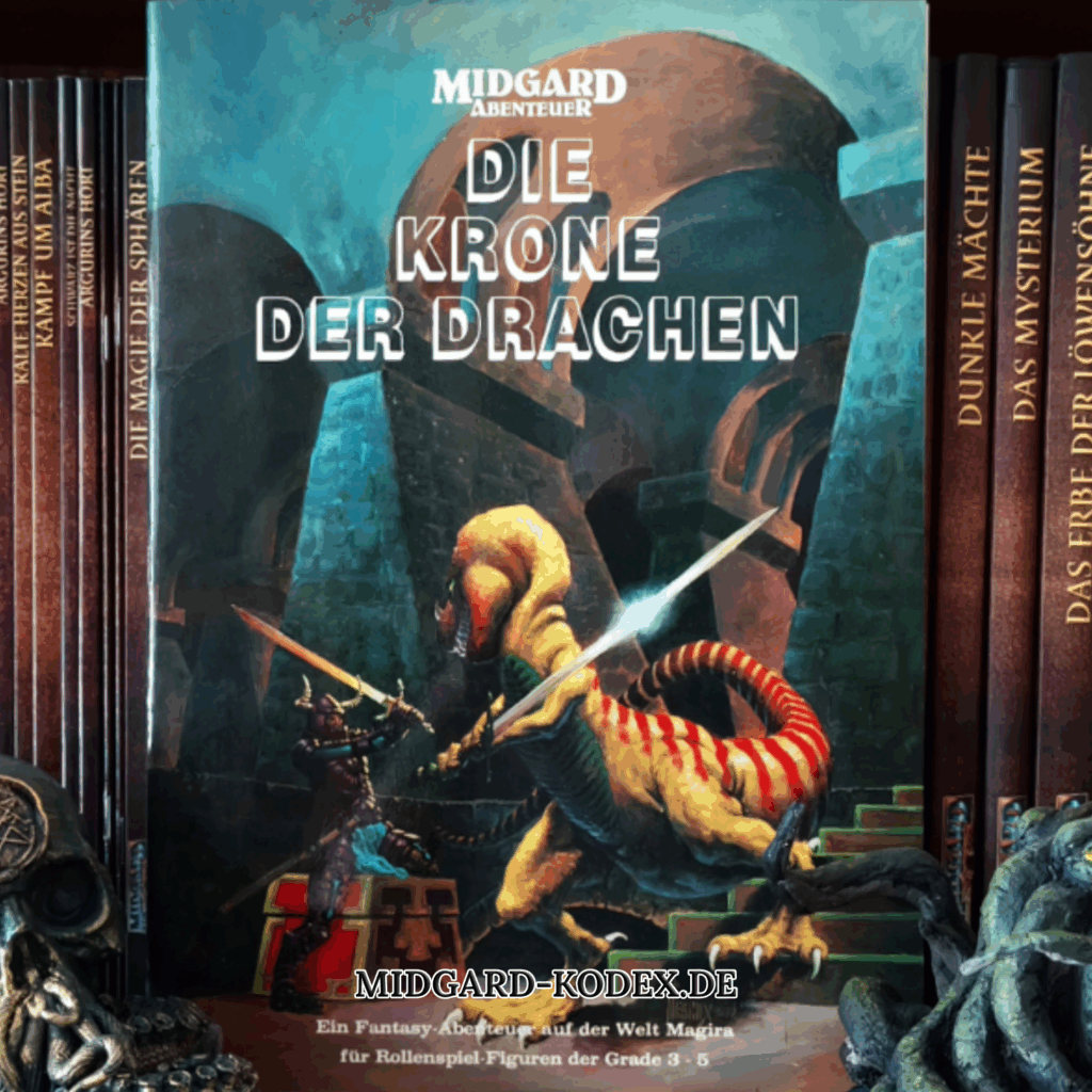 Das Buch "Die Krone der Drachen" steht vor ein paar anderen MIDGARD-Büchern in einem Regal.