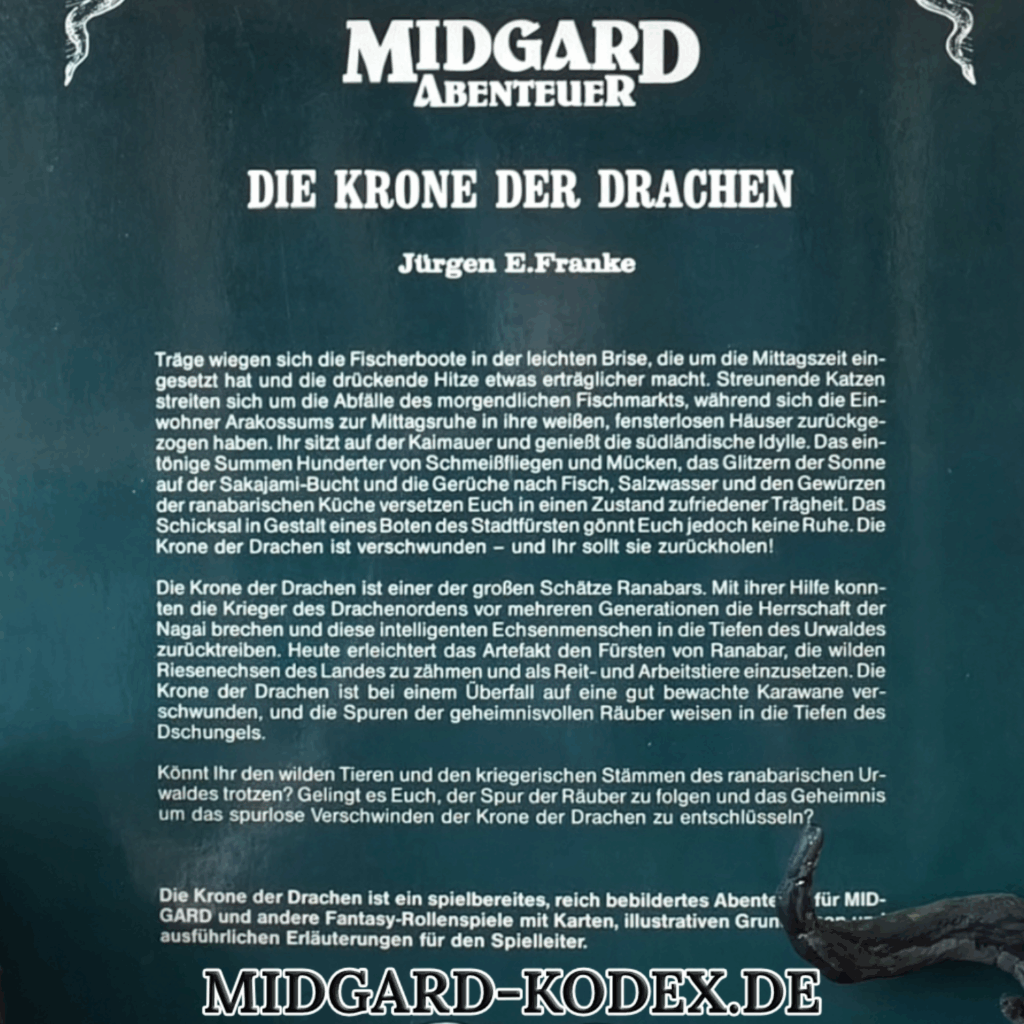 Klappentext des Buches "Die Krone der Drachen", ein Abenteuer für die 2. Edition von MIDGARD.