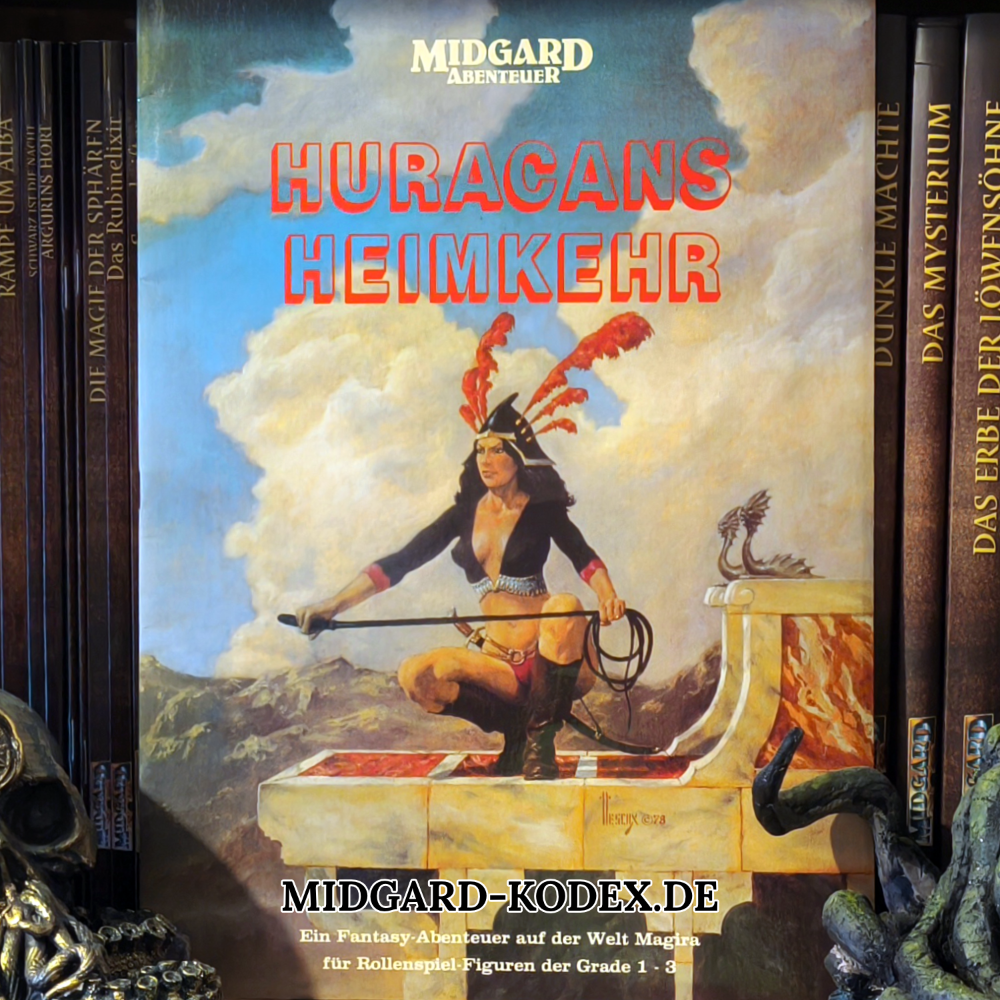 Das Abenteuer "Huracans Heimkehr" für die 2. Edition von MIDGARD steht mit der Vorderseite in einem Regal vor anderen Büchern.