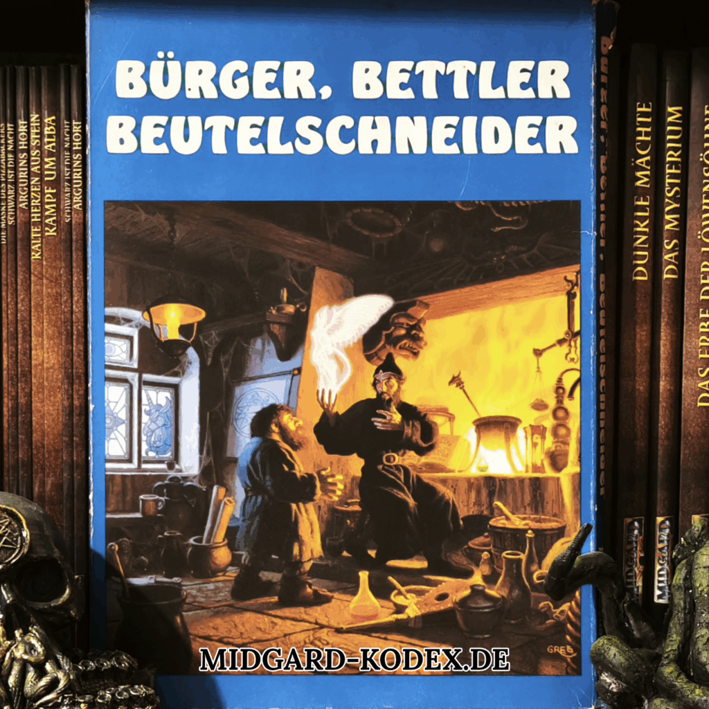 Die Box "Bürger, Bettler, Beutelschneider" steht vor einigen anderen Büchern im Regal, sodass das Cover zu sehen ist.
