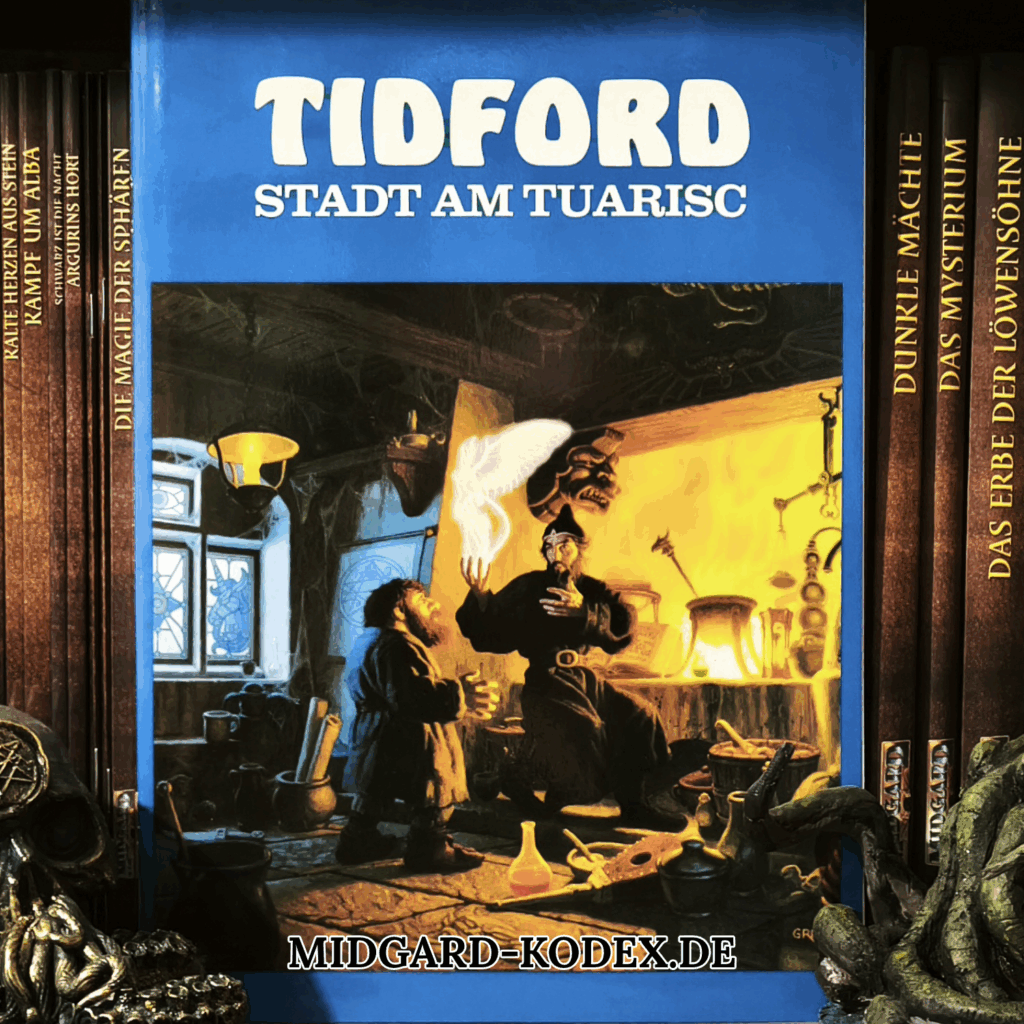 Das Box "Tidford - Stadt am Tuarisc"steht vor einigen anderen Büchern im Regal, sodass das Cover zu sehen ist.