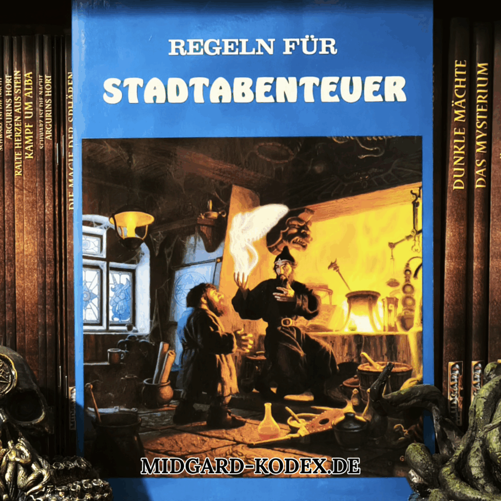 Das Box "Regeln für Stadtabenteuer" steht vor einigen anderen Büchern im Regal, sodass das Cover zu sehen ist.