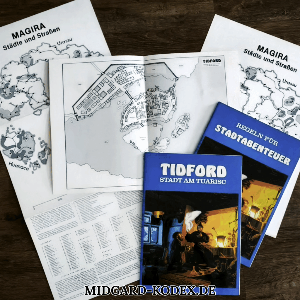 Die beiden Bücher "Tidford - Stadt am Tuarisc" und "Regeln für Stadtabenteuer" sowie weiteres Kartenmaterial aus der Box "Bürger, Bettler, Beutelschneider" liegen auf einem hölzernen Untergrund.
