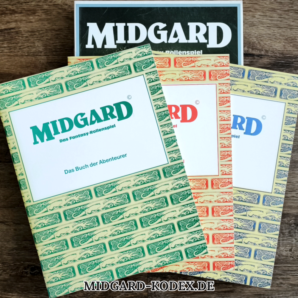 Drei Regelhefte aus der Box "MIDGARD - Das Fantasy-Rollenspiele" liegen auf der Box.