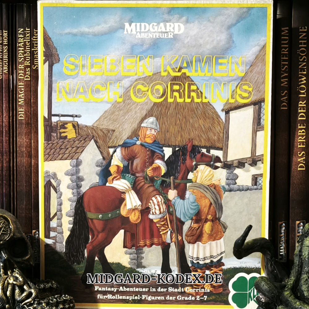 Das Abenteuer für die 3. Edition von MIDGARD "Sieben kamen nach Corrinis" steht mit dem Cover nach vorne vor mehreren Büchern in einem Bücherregal.