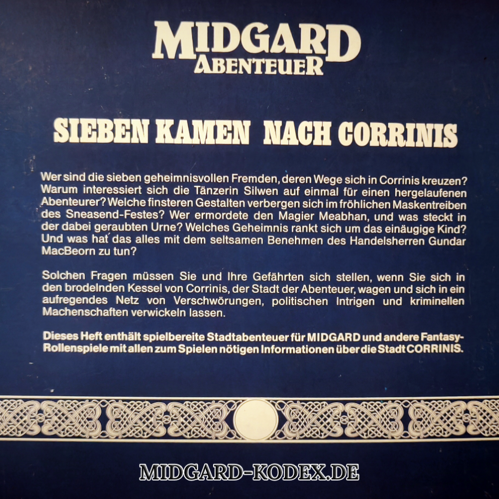 Auszug des Rückcovers des Abenteuers für die 3. Edition von MIDGARD "Sieben kamen nach Corrinis", das den Klappen größer abbildet.