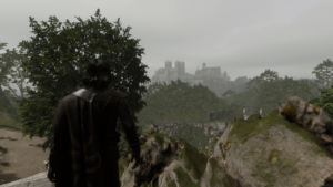 Screenshot aus "The Inquisitor. Mordimer Madderdin steht in einer felsigen Gegend und blickt in die Ferne. Ein dichte Wolkendecke ziert den Himmel und ein imposantes Gebäude erhebt sich. Hin und wieder sind Bäume zu sehen.