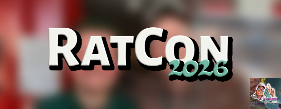 Bild mit einem verschwommenen Hintergrund. In der Mitte steht "RatCon 2026". Unten rechts ist das Logo von "SteamTinkerers Klönschnack" zu sehen.