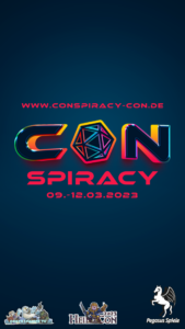 Das Logo der CONspiracy 10. Eine Online-Convention von Pegasus Spiele, die vom 09.03 bis 12.03.2023 stattfindet.