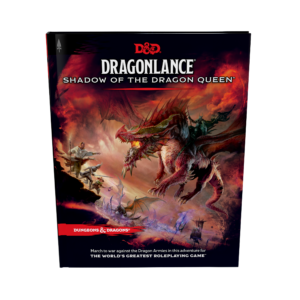 Das Cover zum neuen Dragonlance Campaign Setting wurde auf der Wizards Presents 2022 vorgestellt: Eine Gruppe von Held*innen sieht sich mit einem riesigen Drachen konfrontiert. Dieser hat sein Maul weit aufgerissen und ist bereit, Freuer zu spucken. Im Hintergrund sind Drakonier zu sehen.