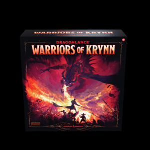 "Dragonlance: Warriors of Krynn" ist ein Brettspiel. Das Cover zeigt einen riesigen Drachen, der Feuer auf ein Schlachtfeld spuckt. Doch die Völker Krynns scheinen sich dem Drachen entgegenzustellen.