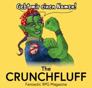 Ein grüner, weiblicher Gnom ist auf gelbem Hintergrund zu sehen. Sie spannt den rechten Arm an und ballt die Faust. Auf den Armen sind mehrere Tattoos zu sehen. Außerdem trägt der grüne Gnom ein rotes Stirntuch, dass weiße sowie gelbe Punkte besitzt. Auf dem Ärmel des blauben Shirt ist eine Person zu sehen, die im Stehen pinkelt. Das komplette Symbol ist durchgestrichen. Im oberen Bereich steht "Gebt mir einen Namen!" und im unteren Bereich "The CRUNCHFLUFF Fantastic RPG Magazine".